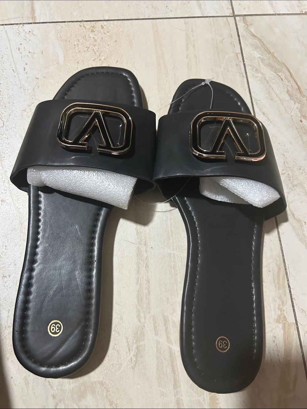 Angel Dear Black Slide Sandals with Gold Hardware